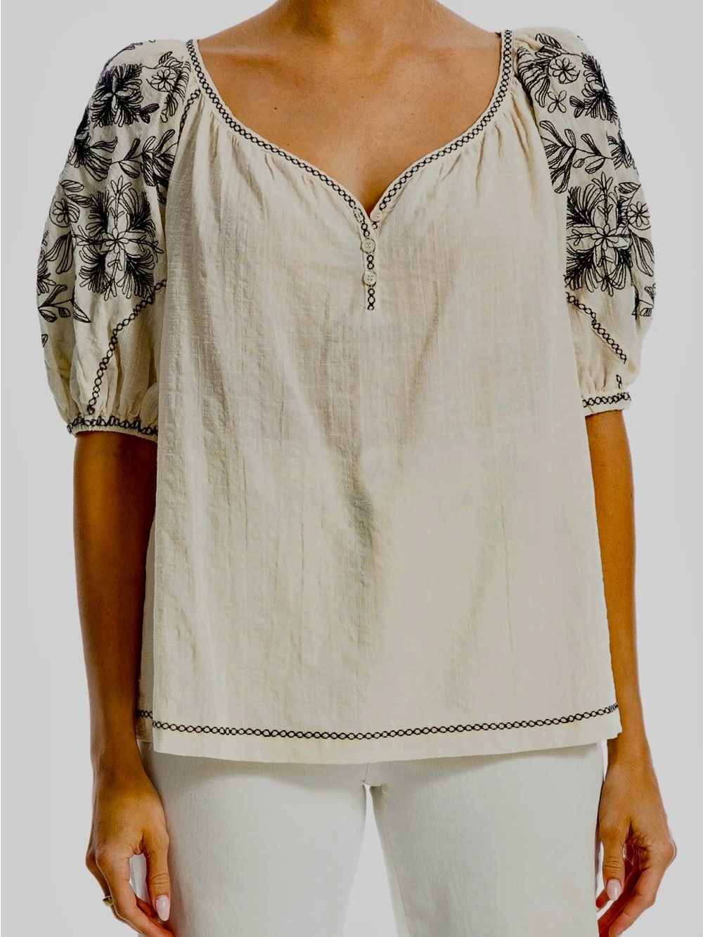 Max Studio Embroidered Puff Sleeve Peasant Top - Cream with Black Stitching